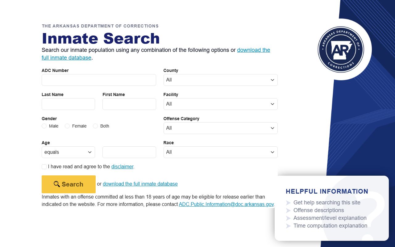 Arkansas DOC inmate search for Calhoun County inmate population lookup