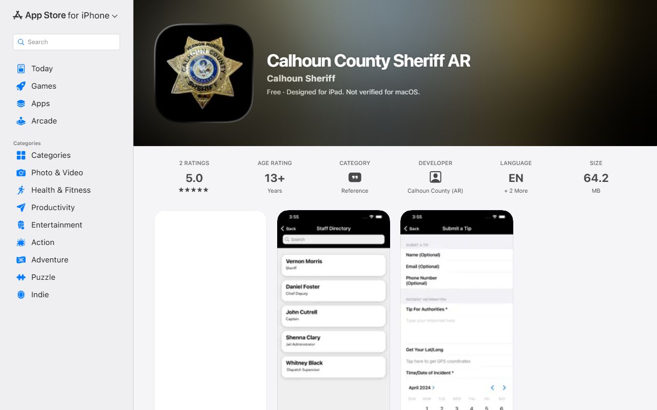Calhoun County Sheriff's Office and Detention Center app listing with jail contact information
